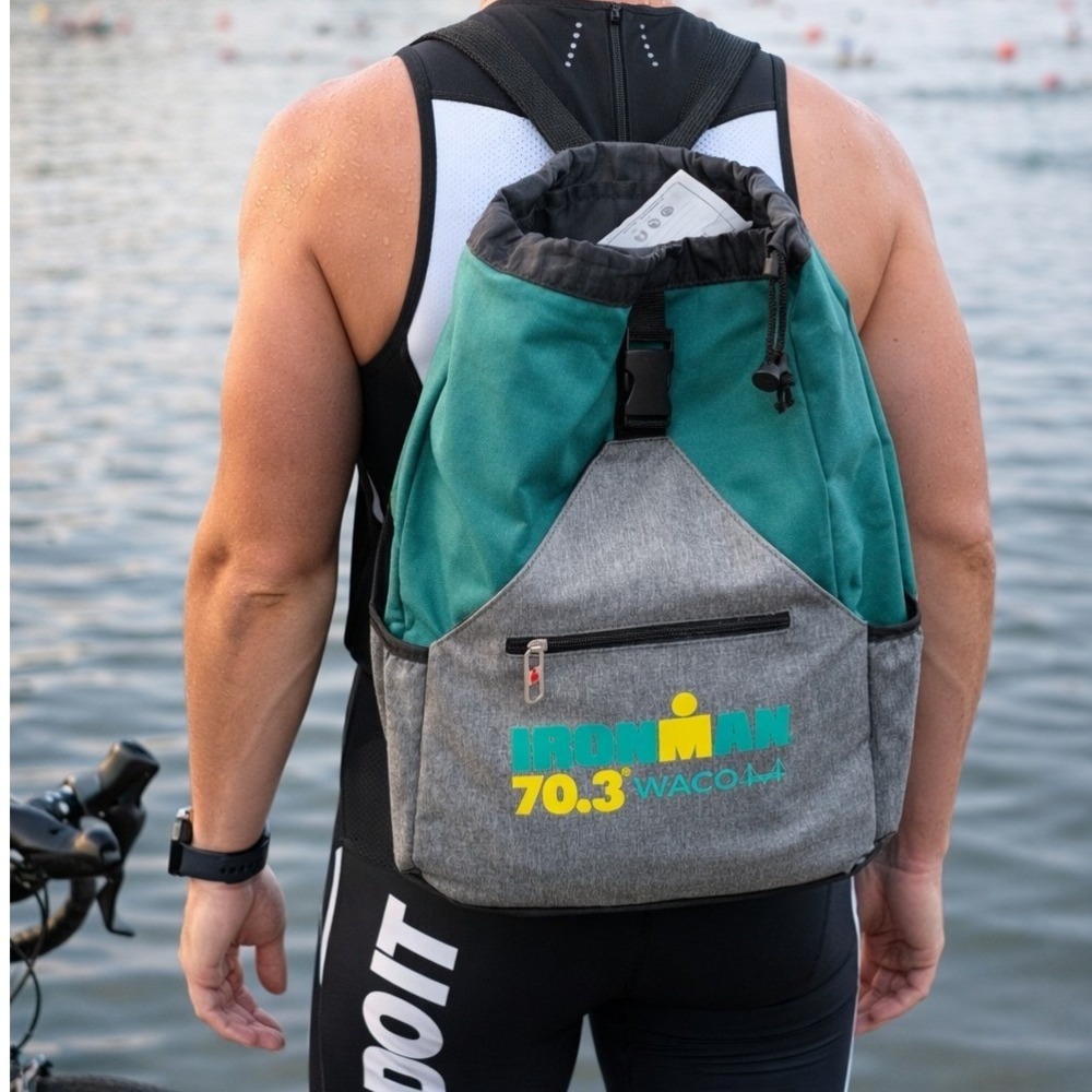 Ironman 70.3 Waco ViewSport Sling Backpack Teal Gray Drawstring Gym Bag